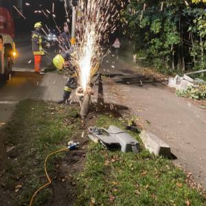 Umgestürzter Baum und Laterne nach Verkehrsunfall
